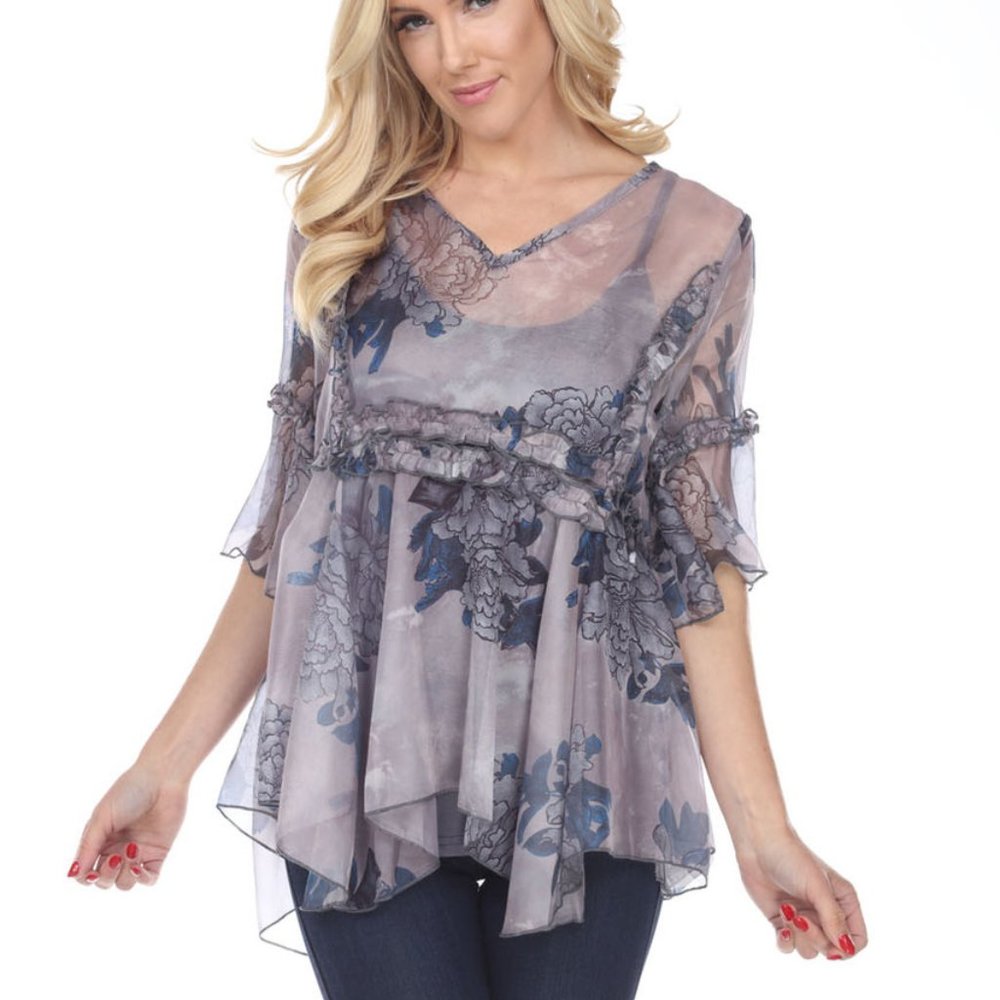 NWT Bohemian gypsy FLORAL BLOUSE gray SEXY SM-XL